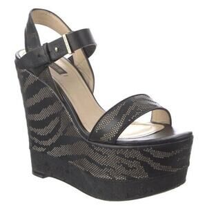 Roberto Cavalli Sandal Wedge Open Toe Platform Animal Zebra Black Leathe…